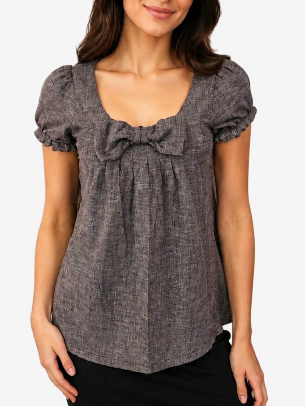 VELVET HEART Gray Short Puff-Sleeve Bow Front Scoop Neck Coquette Top